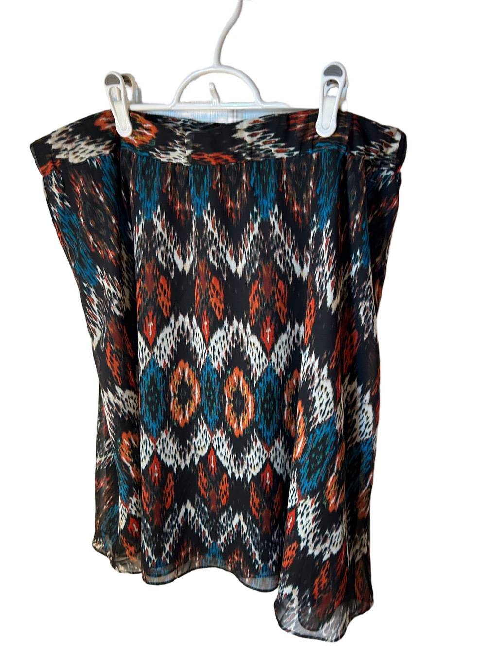cleo Black chiffon Midi Skirt Teal Rust and White Ikat Print size XL